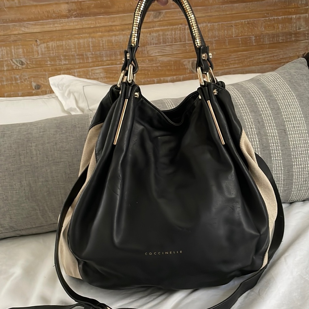 Coccinelle leather and canvas tote - black and tan